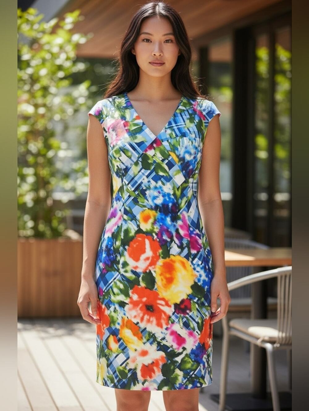 Oscar De La Renta Floral Blue Tartan Plaid Sheath Dress (US 6)